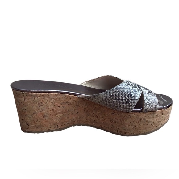 Jimmy Choo Snakeskin- Embossed Leather Cork Wedge Sandals - Picture 7 of 11